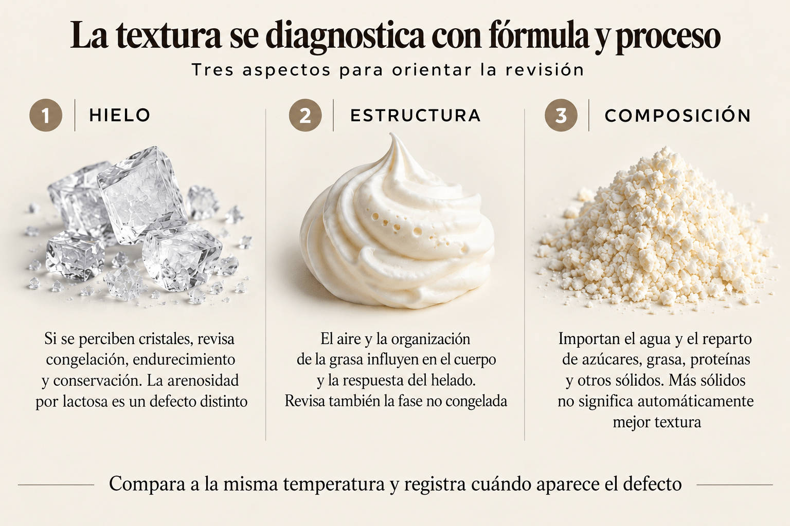 Diagnóstico de textura del helado: hielo, estructura y composición, considerando el proceso y la temperatura