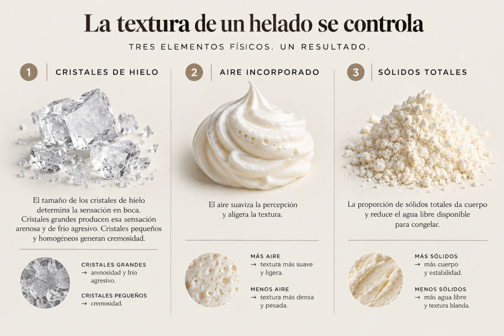 la textura de un helado: huelo, aire y sólidos totales